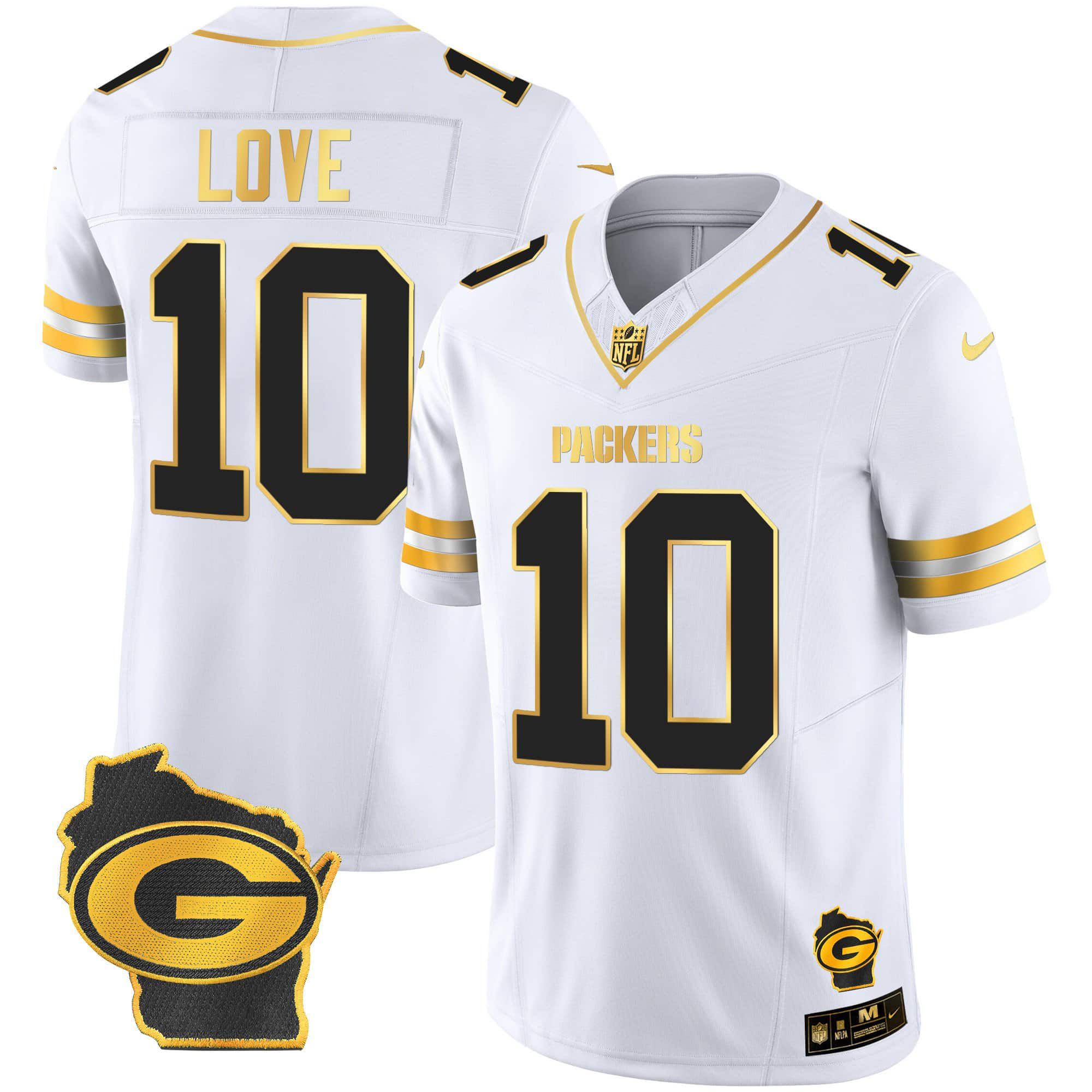 Men Green Bay Packers #10 Love White Gold 2024 Nike Home Patch Vapor NFL Jersey->indianapolis colts->NFL Jersey